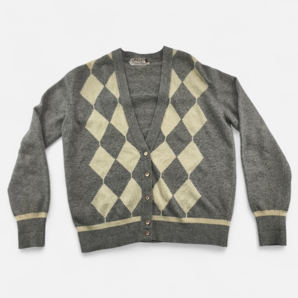 Jaeger London Vintage Lambswool Argyle Cardigan UK Women's 38 Made in Britain